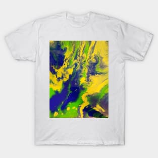 Bright blue, green, and yellow acrylic pour T-Shirt